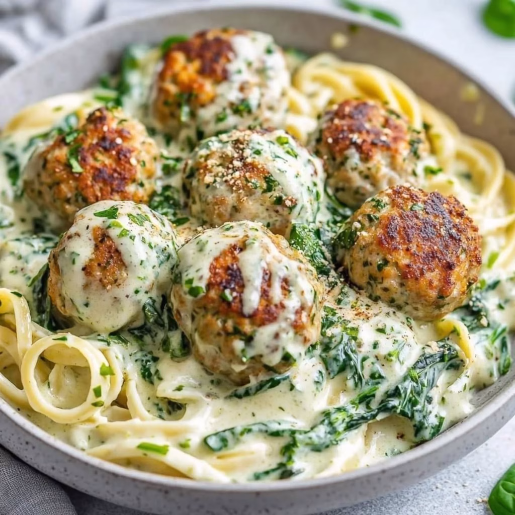 Baked Chicken Ricotta Meatballs Recipe With Spinach Alfredo Sauce